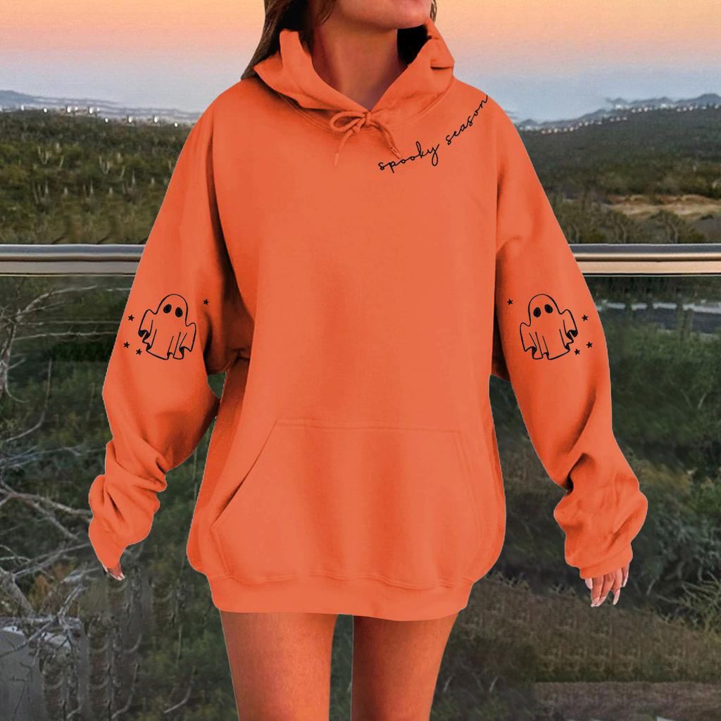 Women's Solid Color Long Sleeve Casual Halloween Print Pullover Hooded Sweatshirt