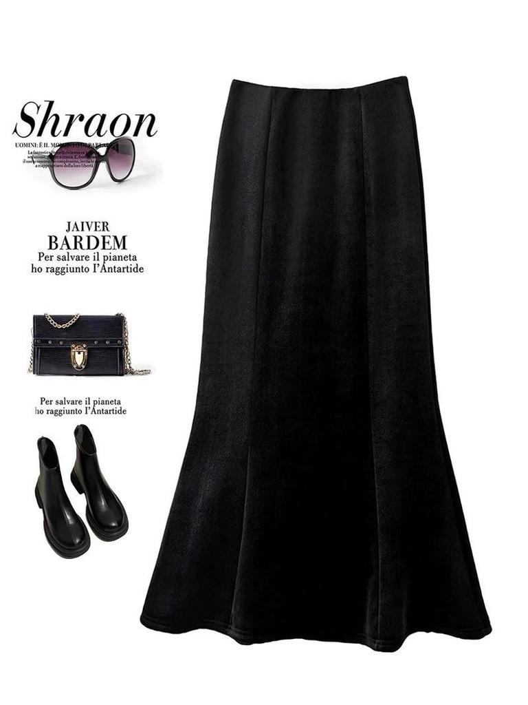 Women's High-Waisted Black Velvet Fishtail Midi Skirt - Fleece-Lined, Thickened, Slimming A-Line for Autumn/Winter