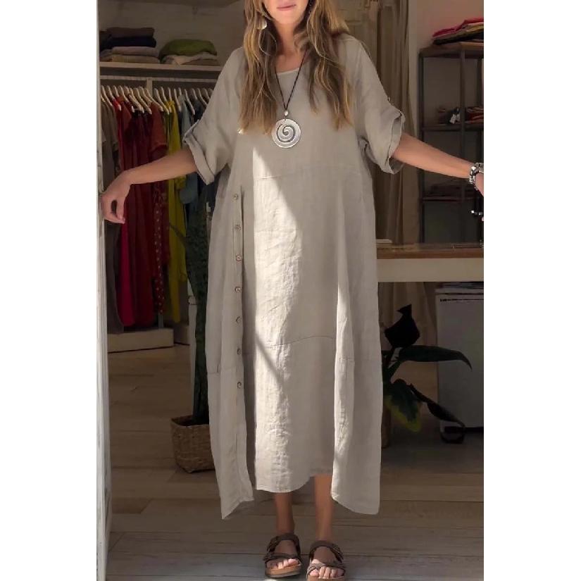 

Новое модное повседневное универсальное женское летнее свободное и повседневное однотонное длинное платье из хлопка и конопли 5XL