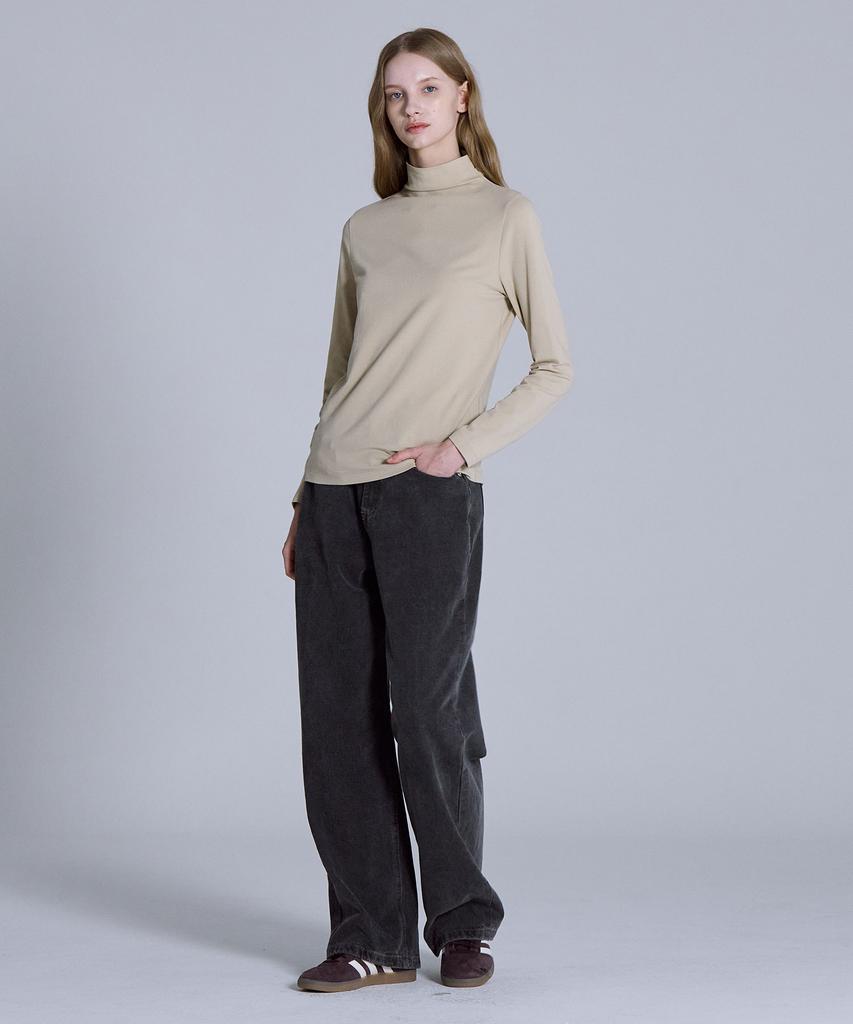 BASIC HOUSE Women'S High-Neck Stretch Long-Sleeve T-Shirt Beige Lats0219