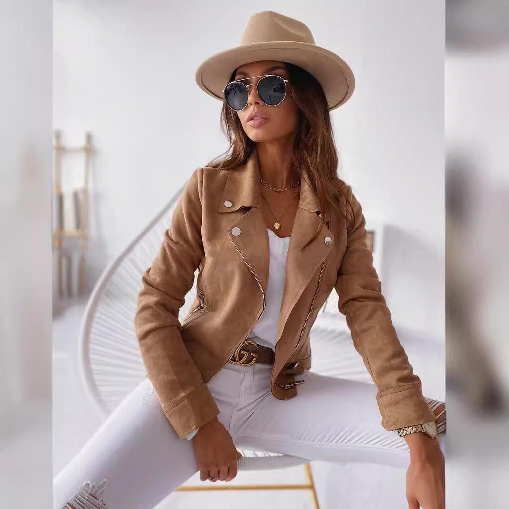 2024 Damen Slim Revers Reißverschluss Hirschlederjacke für den europäischen und amerikanischen Markt