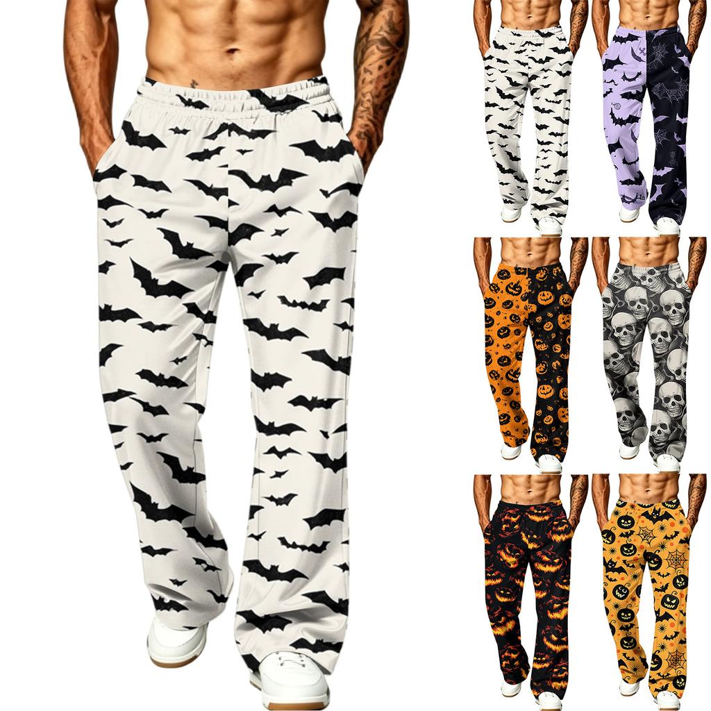 Men's Loose Wide Leg Cargo Jogger Pants with Pockets Halloween Print for Casual Outdoor Wear