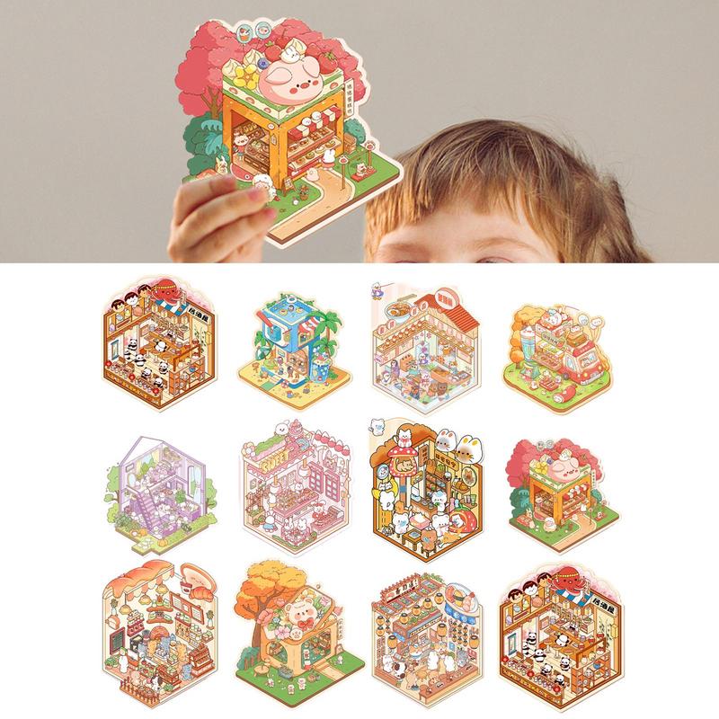 House Stickers 3D Miniature Scene Visual Cartoon Stacking Stickers Gift for Kid Child Baby Student Stress Relief Decoration Tool
