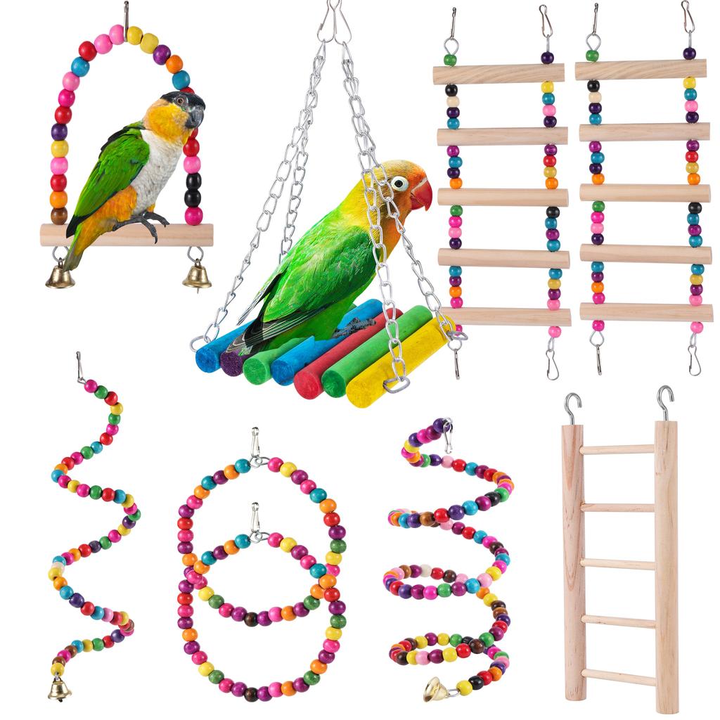 Bird Toys Set Swing Chewing Training Toys Small Parrot Hanging Hammock Parrot Cage Bell Perch Toys With Ladder Pet Supplies 1pc
