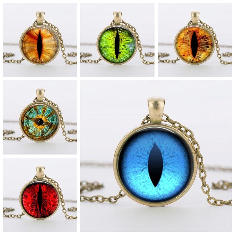 Vintage Red Cat Eye Necklace Dragon Eyes Photo Glass Cabochon Pendant Necklaces Women Men Jewelry