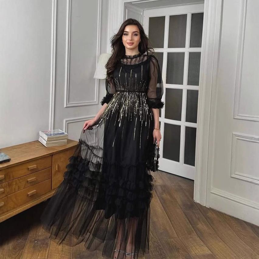 High-end Women's Dress 2025 Sequined Embroidered Three-dimensional Lace Mesh Long-sleeved Waist Dress Skirt