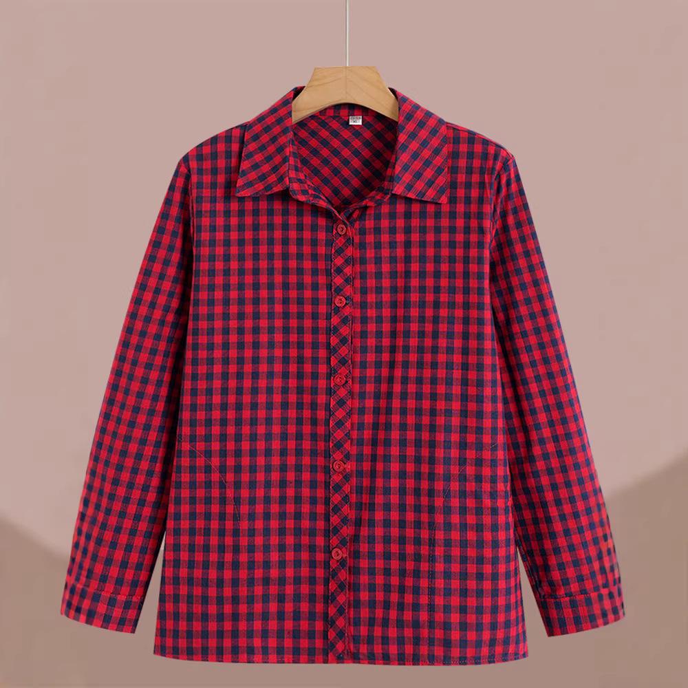 Elegant Plaid Long-Sleeve Shirt for Women Aged 50-60