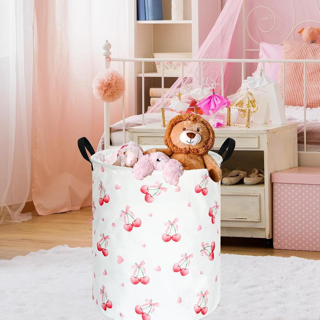 Cherry Print Round Laundry Hamper Storage Basket B Clothes Nursery Hamper for Home, Gift Storage B with Handles