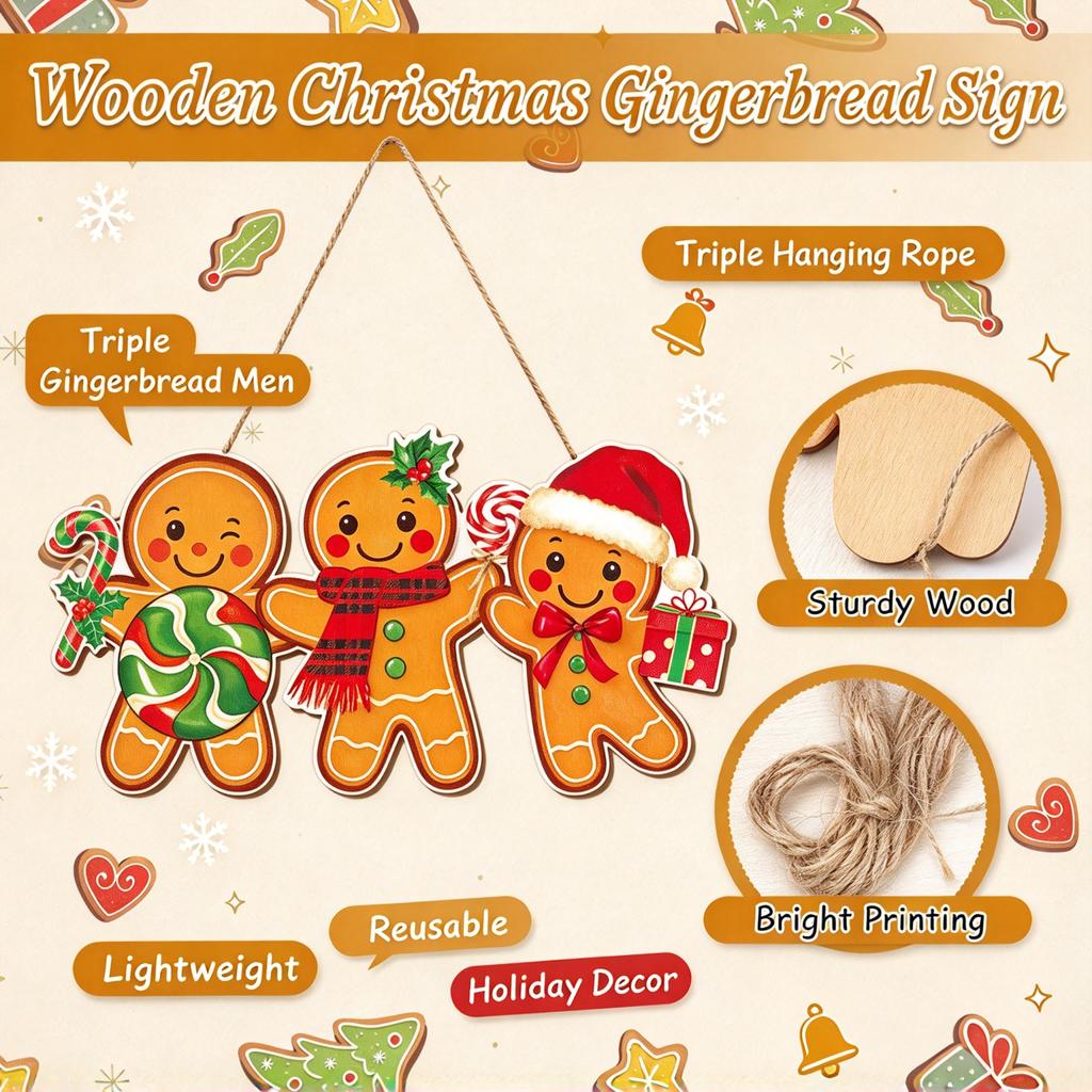 Christmas Gingerbread Man Wooden Door Hanger, Xmas Wall Hanging Sign, Cute Gingerbread Ornament for Home Party Decoration