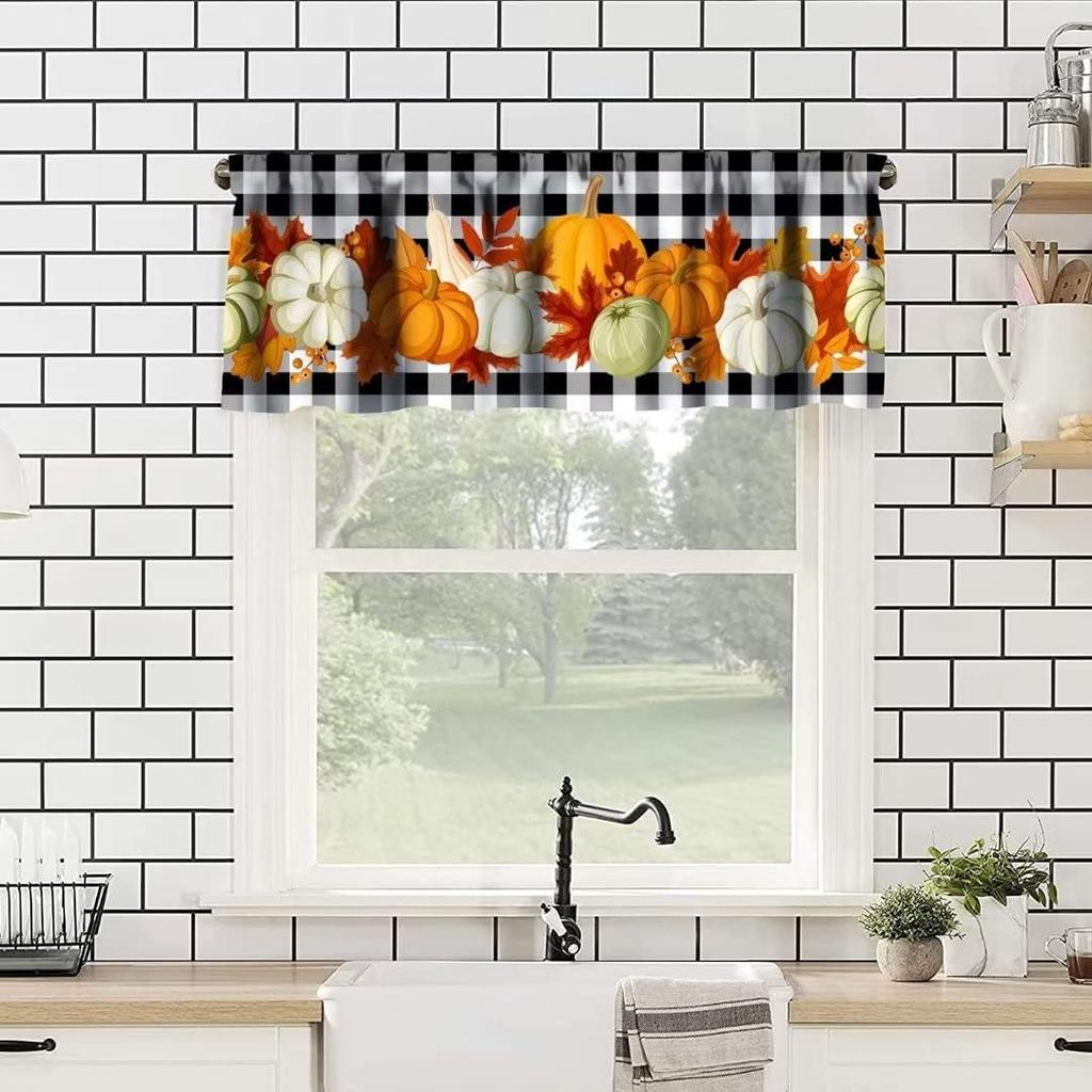 Farm Fall Window Valance, Thanksgiving Pumpkins Autumn Leaves Vine Windows Curtain Valance for Kitchen Dining Room Canteens Home Decor, One Panel