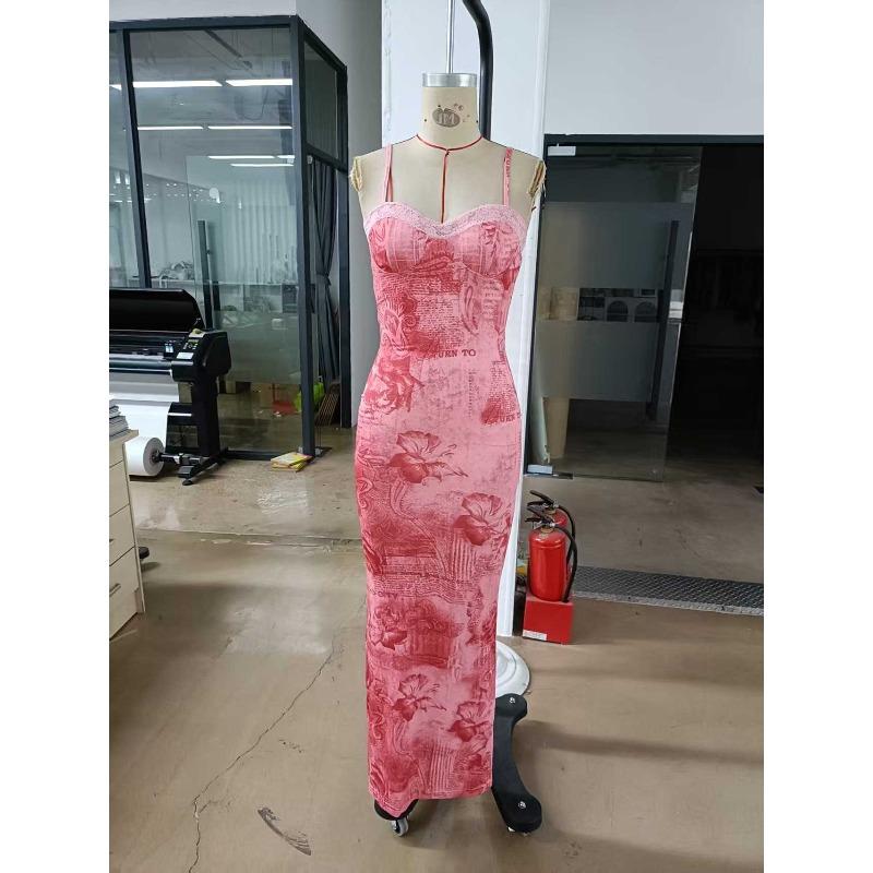 

Spring/Summer Sexy Printed Red Vintage Lace Women s Slim-Fit Long Vest Dress XL