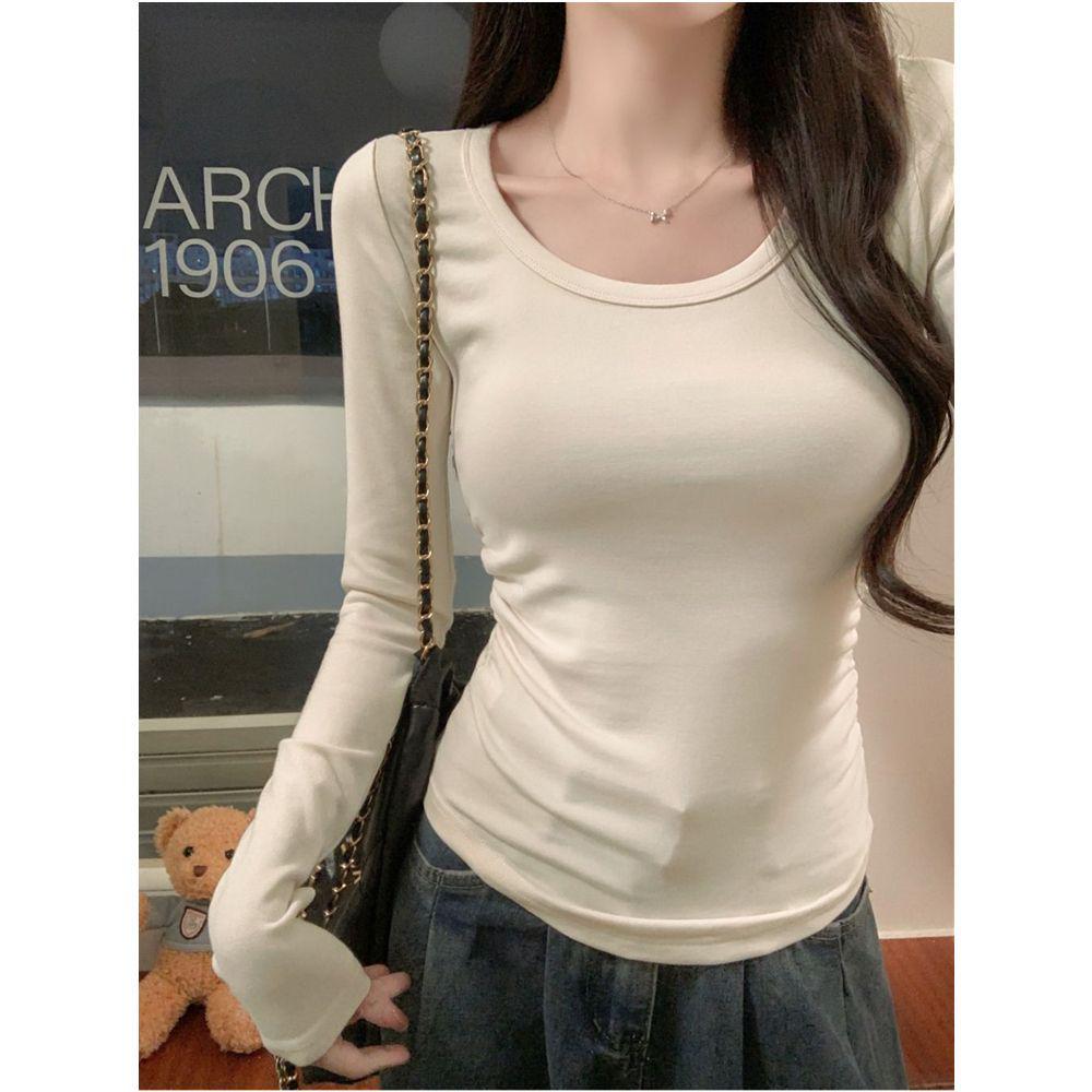 Women's Black U-Neck Slim Fit Long Sleeve Casual Base Layer T-Shirt - Spring/Autumn Style