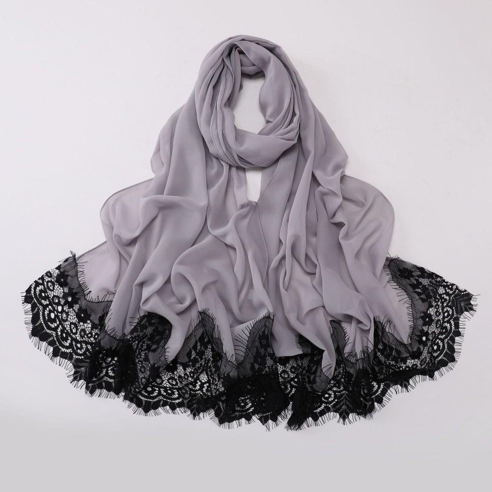Pearl Chiffon Lace Edge Scarf Eyelash Black Lace Islamic Shawl Wrap Soft Long Hijab  Daily Wear