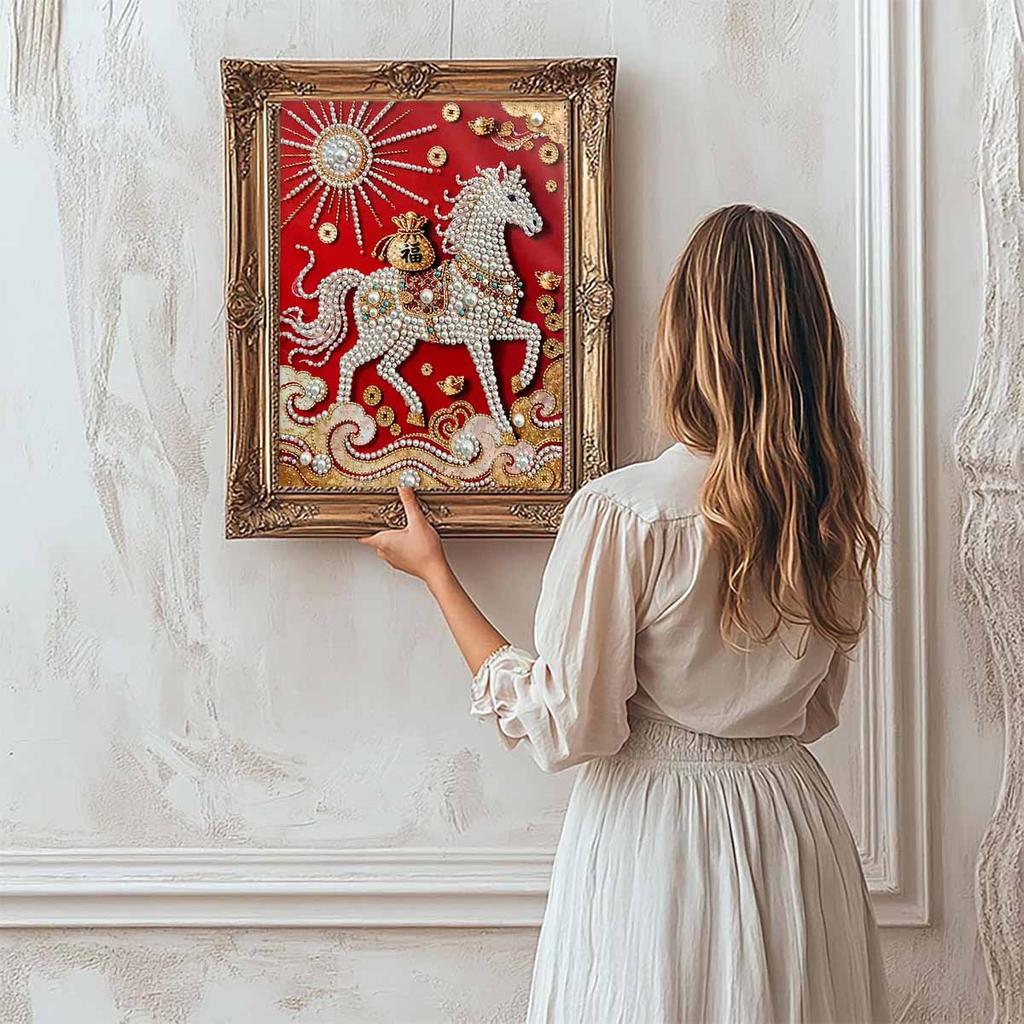 Crystal Pearl Painting 5D DIY Frame Decoration Painting White Horse Home Wall Decoration Transparent Pearl Gemstone Painting Picture Art Crafts