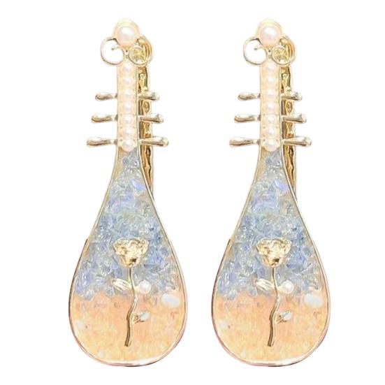 2Pcs Pipa Shape Hair Clips Chinese Style Floral Pattern Faux Pearls Decor Hairpins Festival Cosplay Hair Accessories