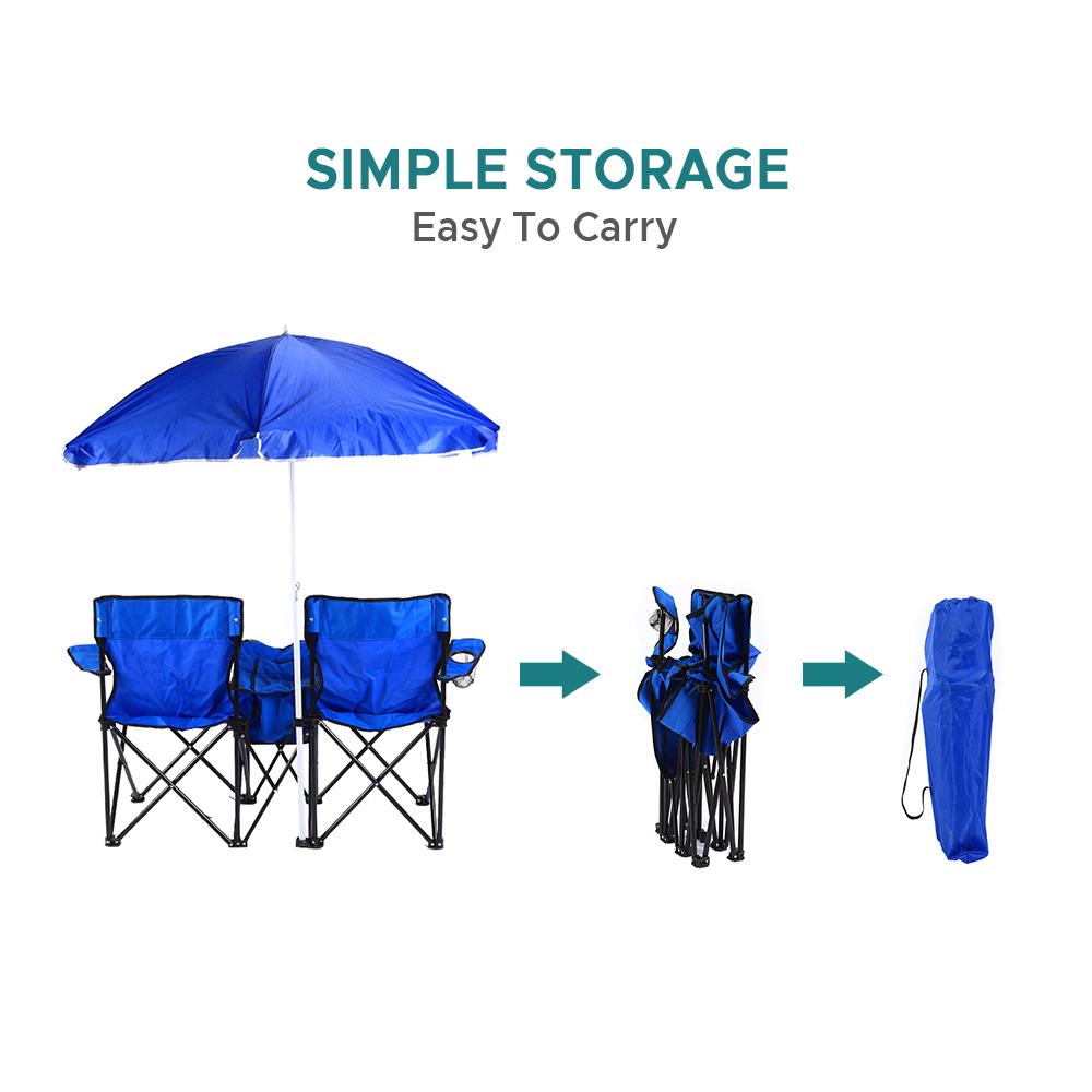 Sammenleggbar stol Sammenleggbar bærbar camping utendørs strandplenstol med solskjerming ispose for to