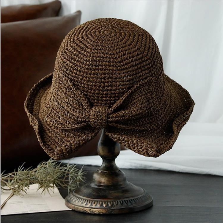 100% Raffia Bow Sun Hat Wide Brim Floppy Hats Women Beach Panama Straw Dome Bucket Hat