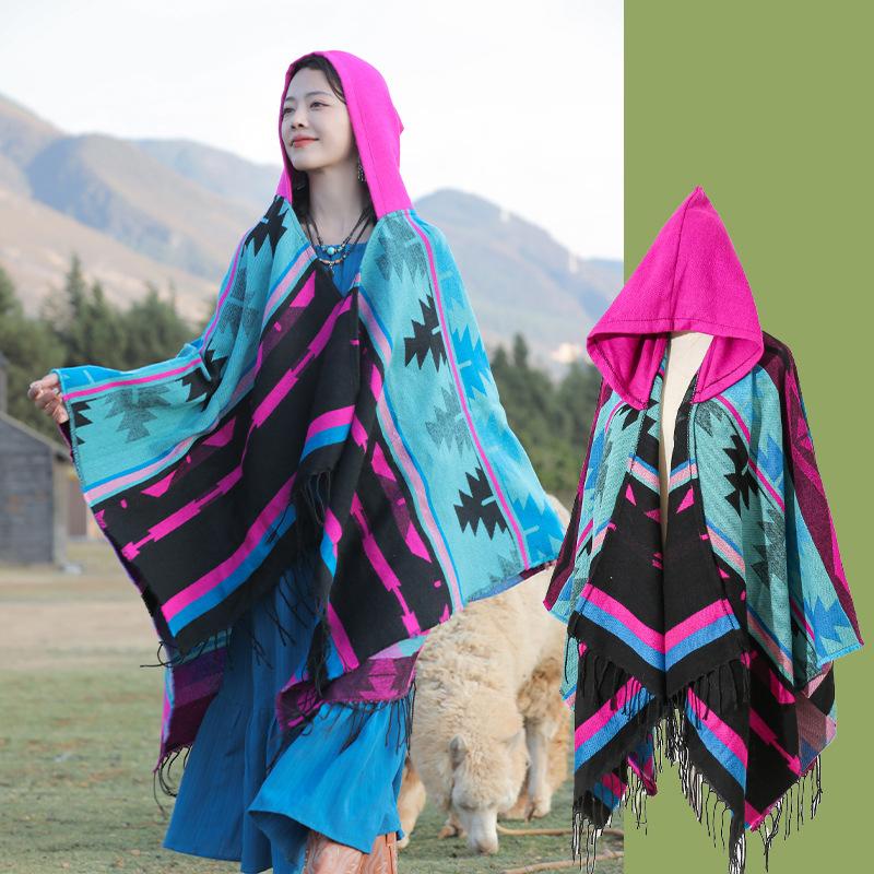 Autumn Winter Elegant Retro Print Scarf Women Layers Poncho Warm Tassels Scarve Capa Para Mujer Pashmina Cloak Wrap Shawl