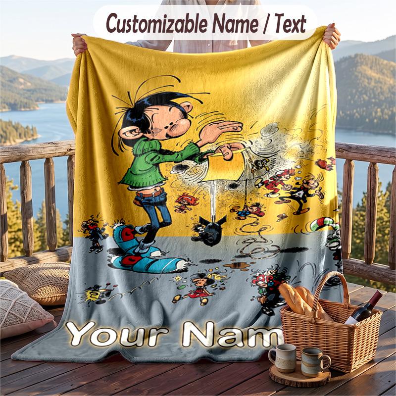 Custom Text Flannel Throw Blanket, Lightweight Cozy Bed Sofa BlanketGaston Lagaffe