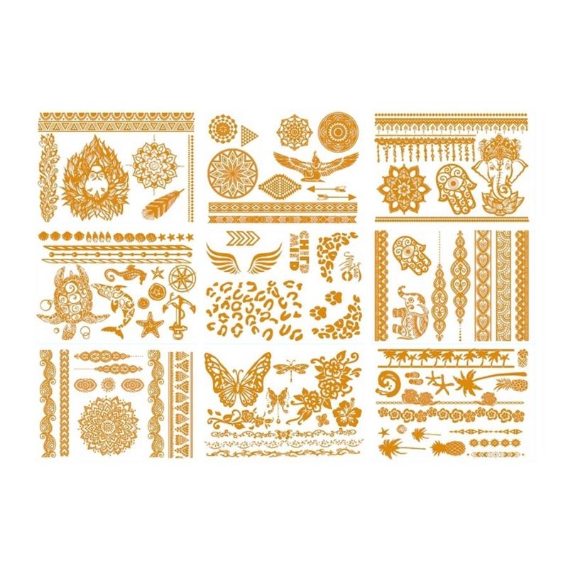 9 Blatt Premium Goldfolie Temporäre Tattoos für Partys und Events mit metallischen Designs und einfacher Anwendung