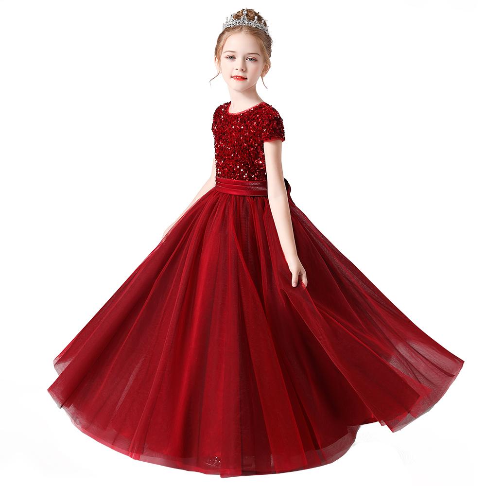 Princess Dress for Children Sparkly Sequin Short Sleeve Flower Girl Dress Tulle Kid Birthday Party Pageant Prom Gown Junior Bridesmaid
