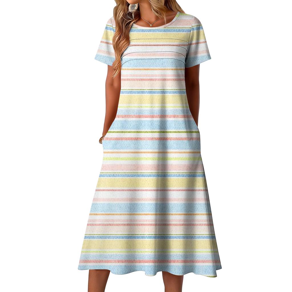 Ladies' Striped Printed Casual and Fashionable Short Sleeved Round Neck Dress