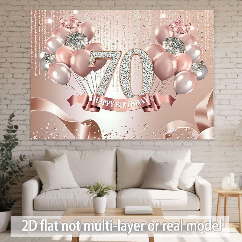 A single-color 2D flat banner with the shining "70" logo on it, along with rose gold and silver balloons