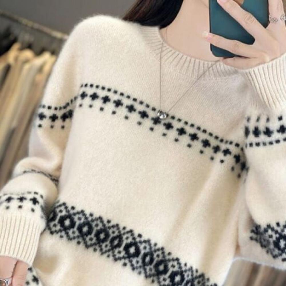Navava Women Pattern Color Block Round Neck Long Sleeve Knit Nk3459