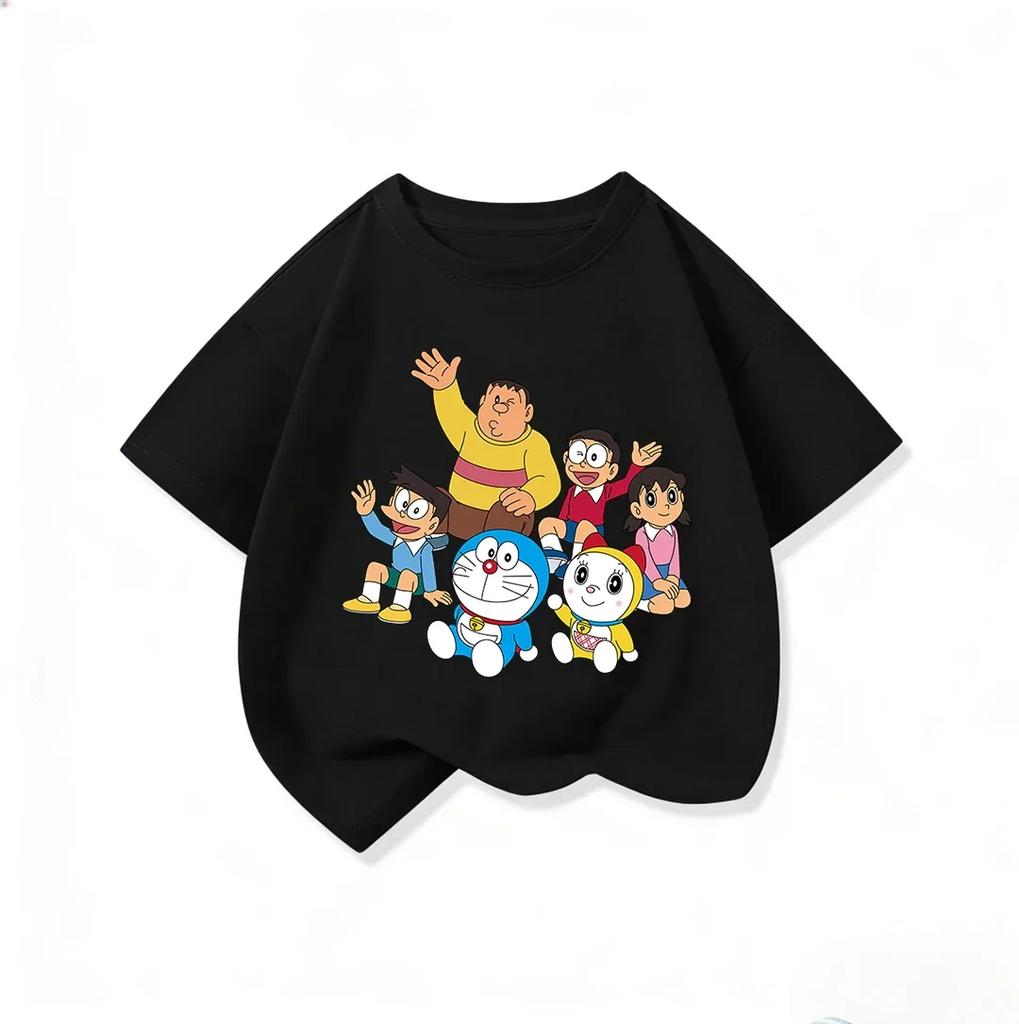 Fashion Children Crew Neck T Shirt Summer Kawaii Cartoon Print Cute Street Style Wear Doraemon Kids Clothes 314Y