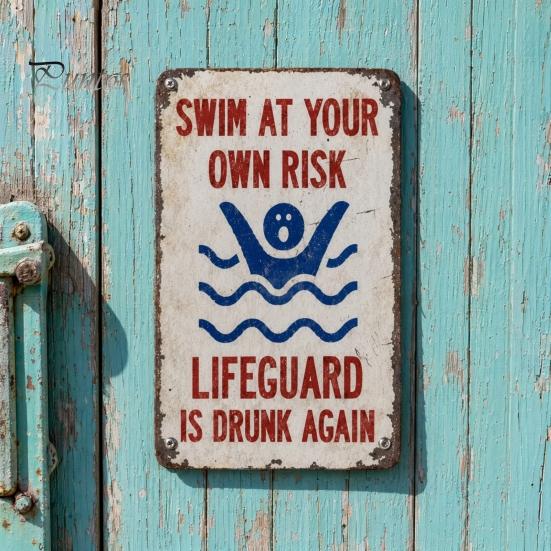 Indoor And Outdoor Safety Sign Swim at Your Own Risk Metal Sign, Reflective Swimming Warning No Lifeguard on Duty Weatherproof Is Drunk Again for Pool