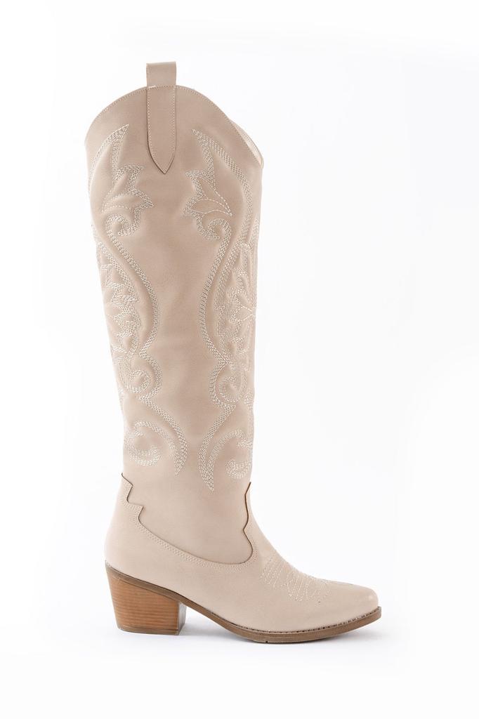 Women Modern Stylish Fashion Boots Faux Leather Suede Black Leather Embroidered Medieval Cowboy Long Boots