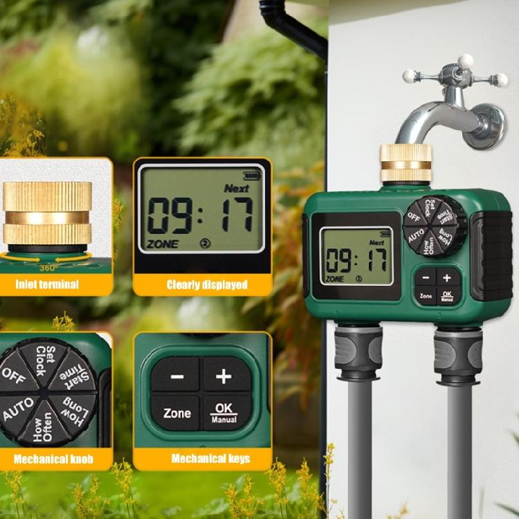Timer per irrigatore da giardino automatico, connessione in ottone a 2 vie con schermo LCD impermeabile per uso esterno, cura efficiente delle piante