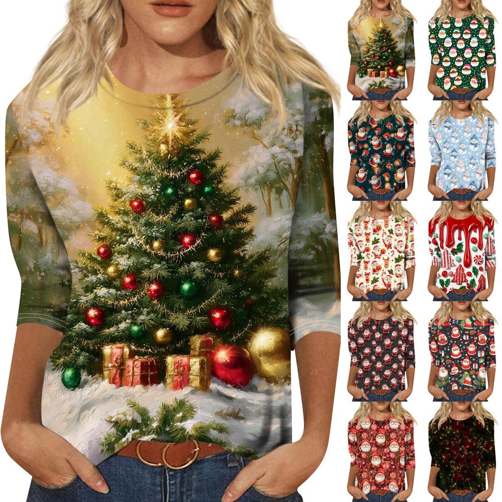 Women's Casual Three-Quarter Sleeve Christmas Print Neck Top for Giving