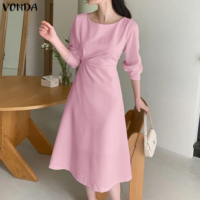 VONDA Elegant Women Round Neck Long Sleeve Side Ruffled Casual A-line Dress