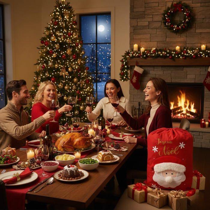 Grande Hotte de Noël XL 100x60 cm – Sac Cadeaux 3D Brodé “Joyeux Noël” avec Motif Père Noël, Décoration et Emballage Fêtes