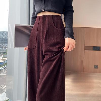 Pantalon en velours côtelé rouge tendance, taille haute, jambes larges, pantalon décontracté ample à jambe droite pour femme