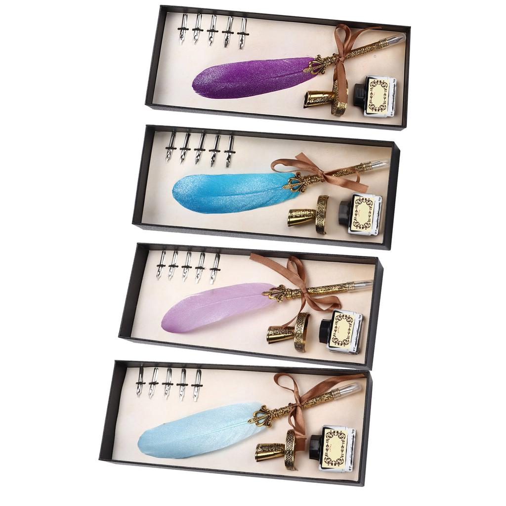 Pen Set Vintage Ink Carved Metal Pen Writing Suit for Business Gift Table Decoration