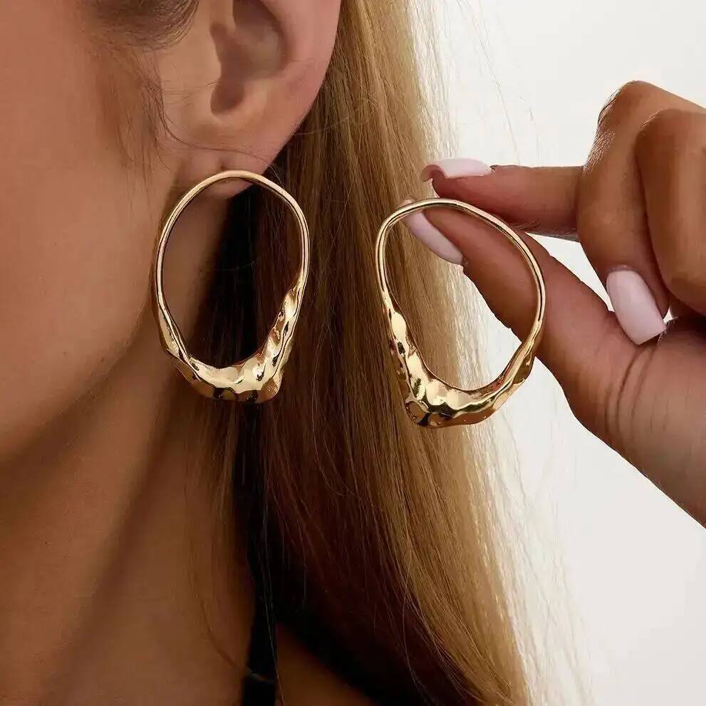 SHIXIN Vintage Metal Geometric Hollow Stud Earrings Women Exaggerated Gold Color Irregular Textured Piercing Ear Jewelry Gift