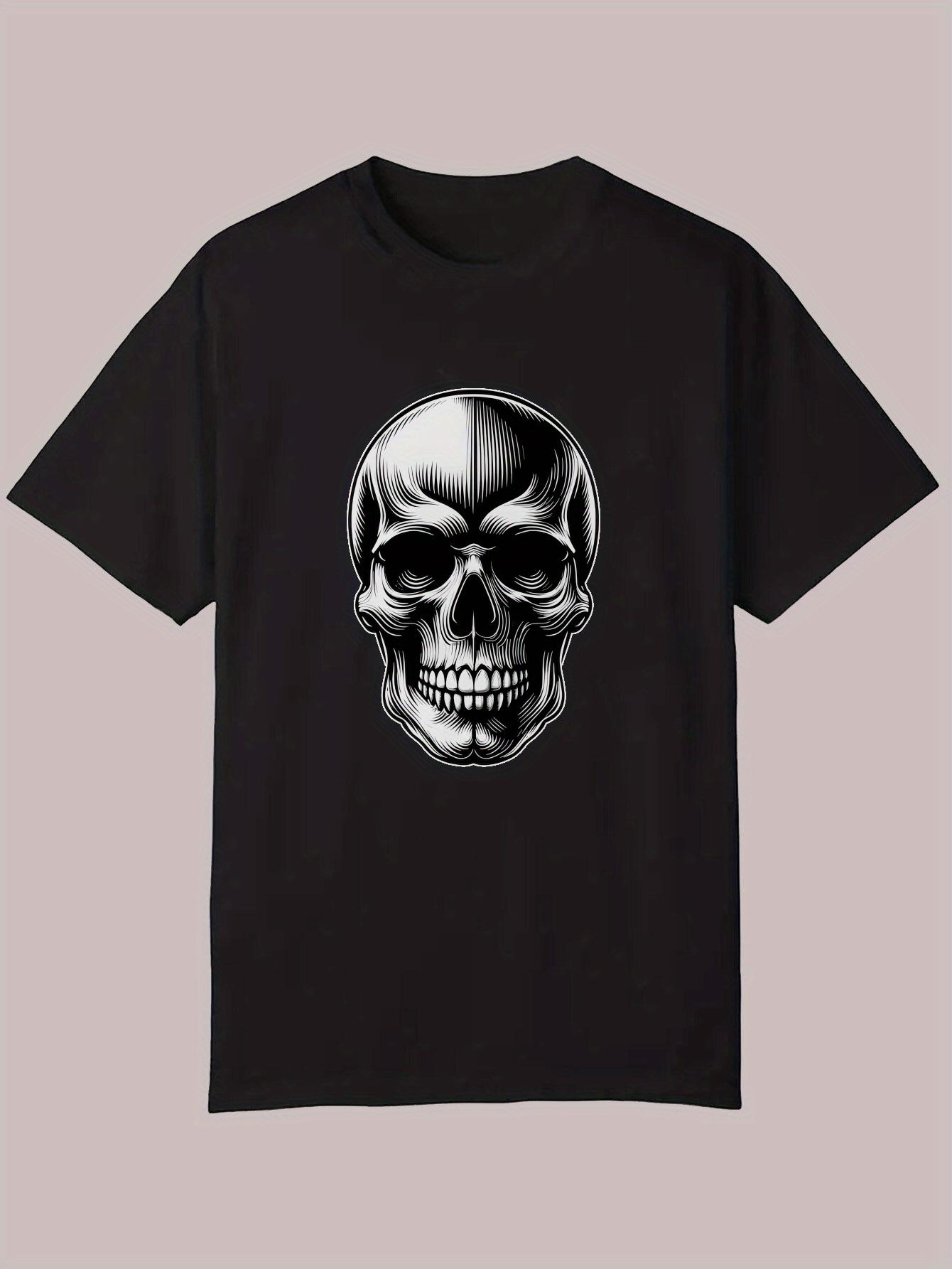 Summer Casual Graphic T-shirt - Black Skull Print Round Neck Tee S