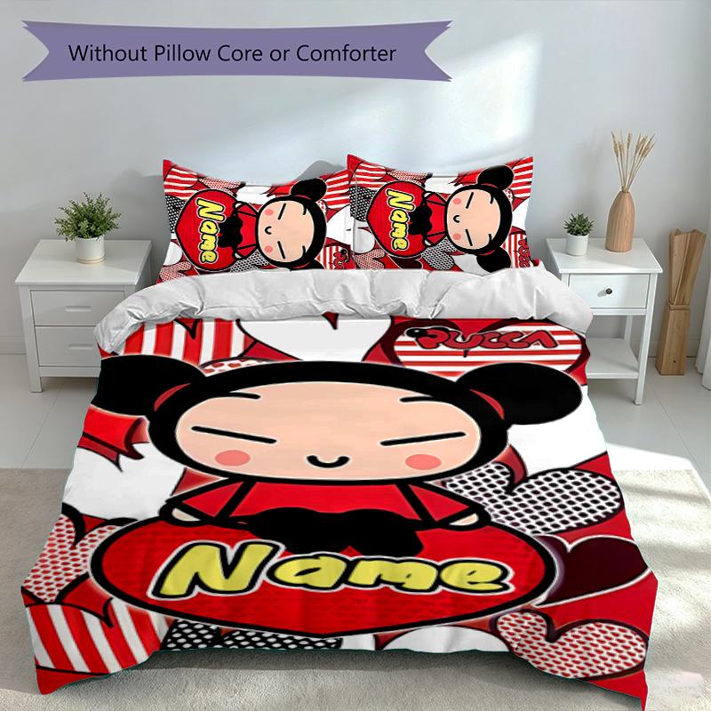 3pcs Custom Name Pucca Bedding Set,Includes 1 Duvet Cover and 2 Pillowcases,All-season Bedroom Decor