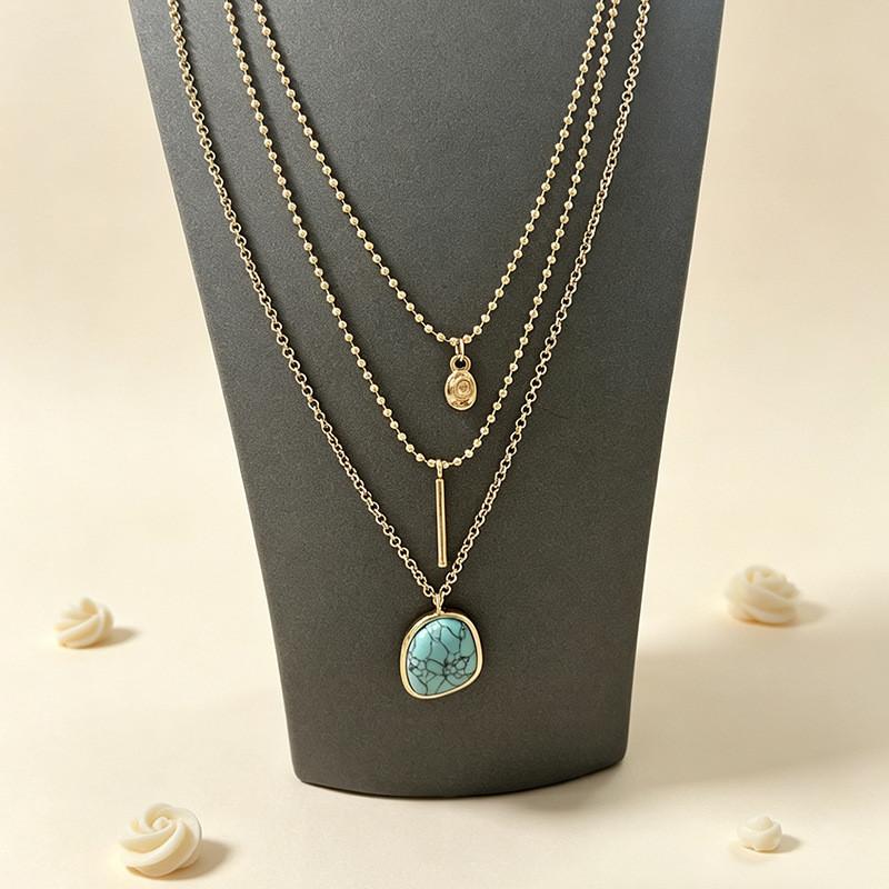 Geometric Turquoise Pendant Necklace For Women And Men With Gold Edge Chain Jewelry