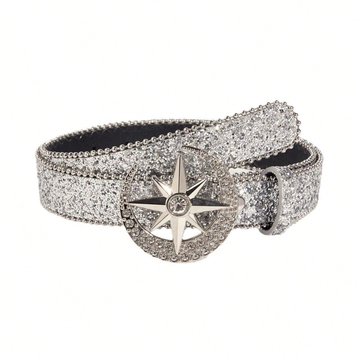 Mode Européenne et Américaine Personnalité Fille Pimentée Boucle Étoile Dorée Décoration Jean Sequins Strass Ceinture Ceinture de Taille 105cm argenté