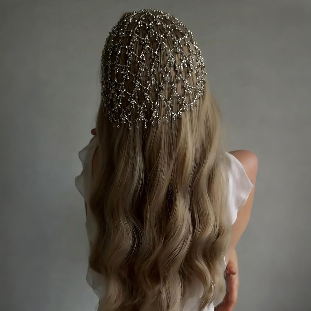 Net Shape Grid Rhinestone Hair Band Bride Tiaras Cap Head Chain Pearl Princess Hair Band  for Gift
