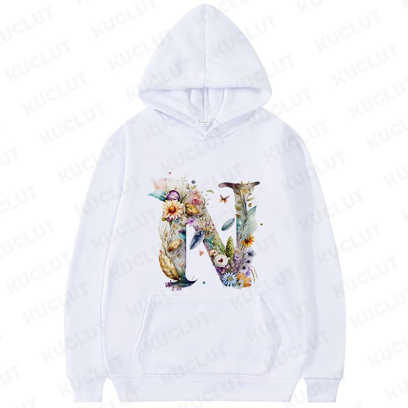 Women Hoodies Clothing 26 Alphabet Sweatshirts Hooded Shirt Fashion Flower Letters Graphic Outerwear White Women's Sweat-shirts
