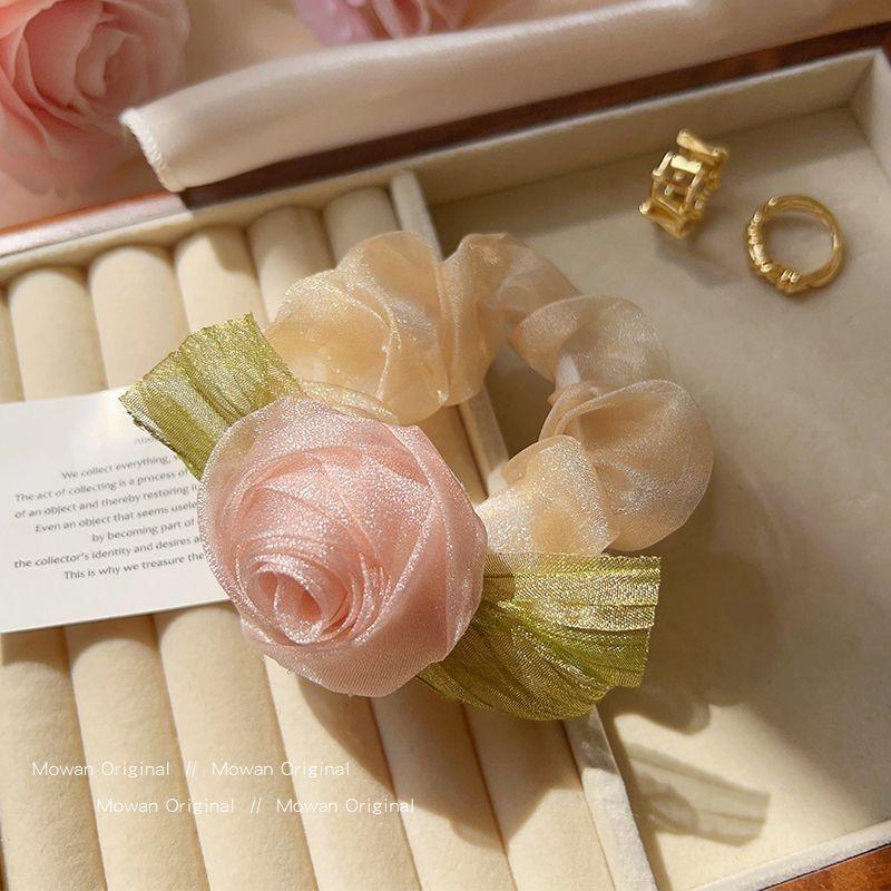 Rose Flower Organza Material Simple Sweet Lady Retro Hair Tie Large Intestine Circle Hair Accessory For Women