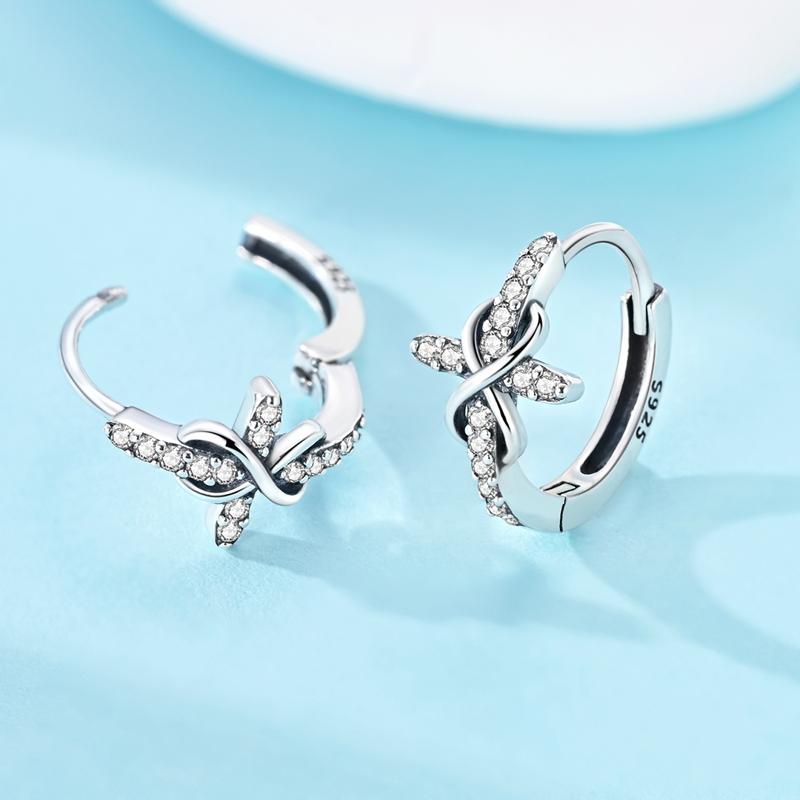 Real 925 Sterling Silver Infinite Cross Hoop Earrings For Women Wedding Zircon Hoop Earrings Jewelry Gift