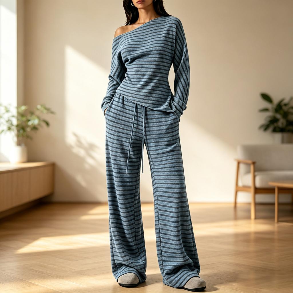 Women's Casual Striped Off-Shoulder Long Sleeve Top and Wide Leg Pants Set 2 Piece Outfit