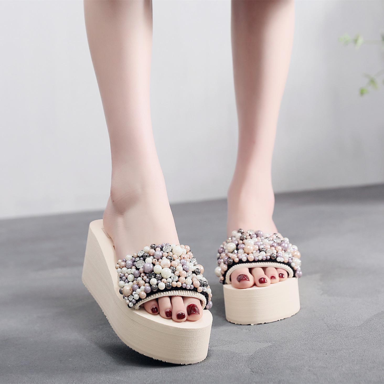 

Босоножки на танкетке в стиле бохо: Женские летние тапочки на толстой подошве для отдыха на море в Таиланде. Size 39, Heel height 6CM бежевый