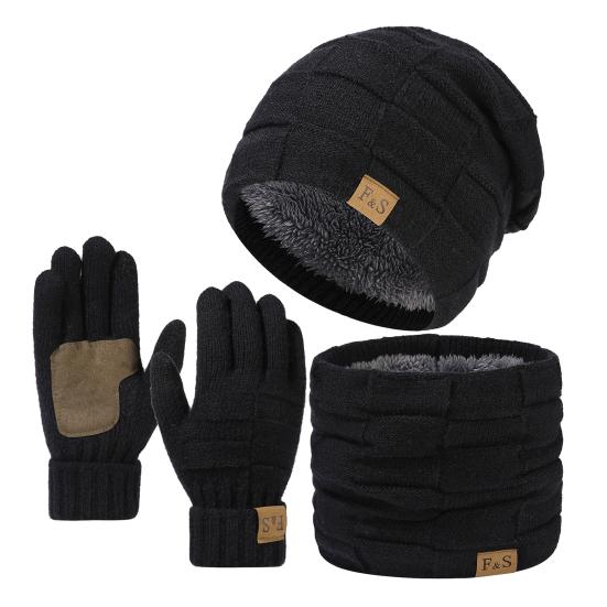 3 Pcs/Set Hat Scarf Glove Set Thick Knitted Warm Cap Great Friction Gloves Elastic Ear Protection Windproof Cycling Skiing Dome Cap Neck Wrap Set
