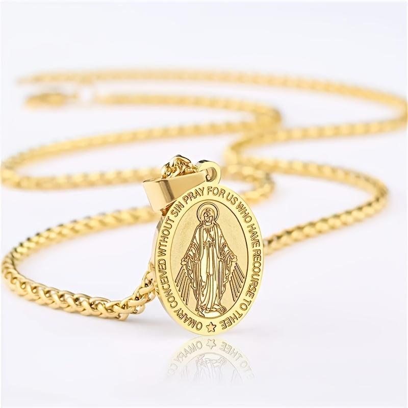 [Virgin Mary Necklace] Stainless Steel Virgin Mary Necklace with Cross Miracle Medal - 1pc Fashion Religious Gift Pendant, Unisex All-Season Accessory